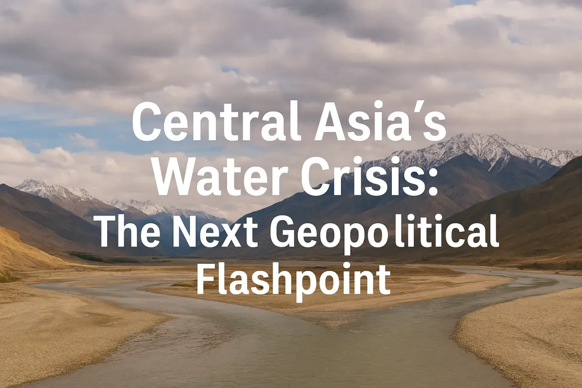 Aerial view of a winding river through Central Asia’s arid mountains, symbolizing the region’s growing water crisis and geopolitical tensions.