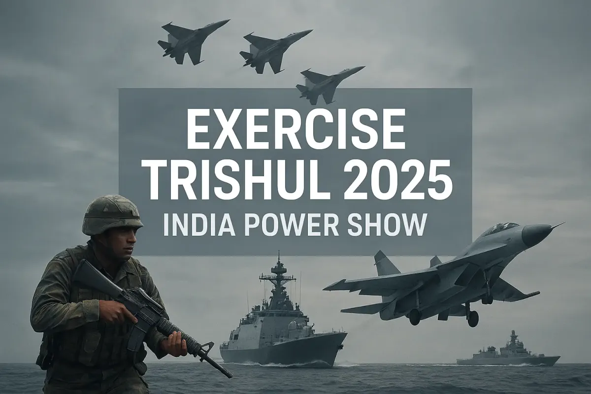 A powerful digital composite image depicting India’s tri-service military strength with fighter jets, warships, and soldiers under a dramatic sky, representing Exercise Trishul 2025.