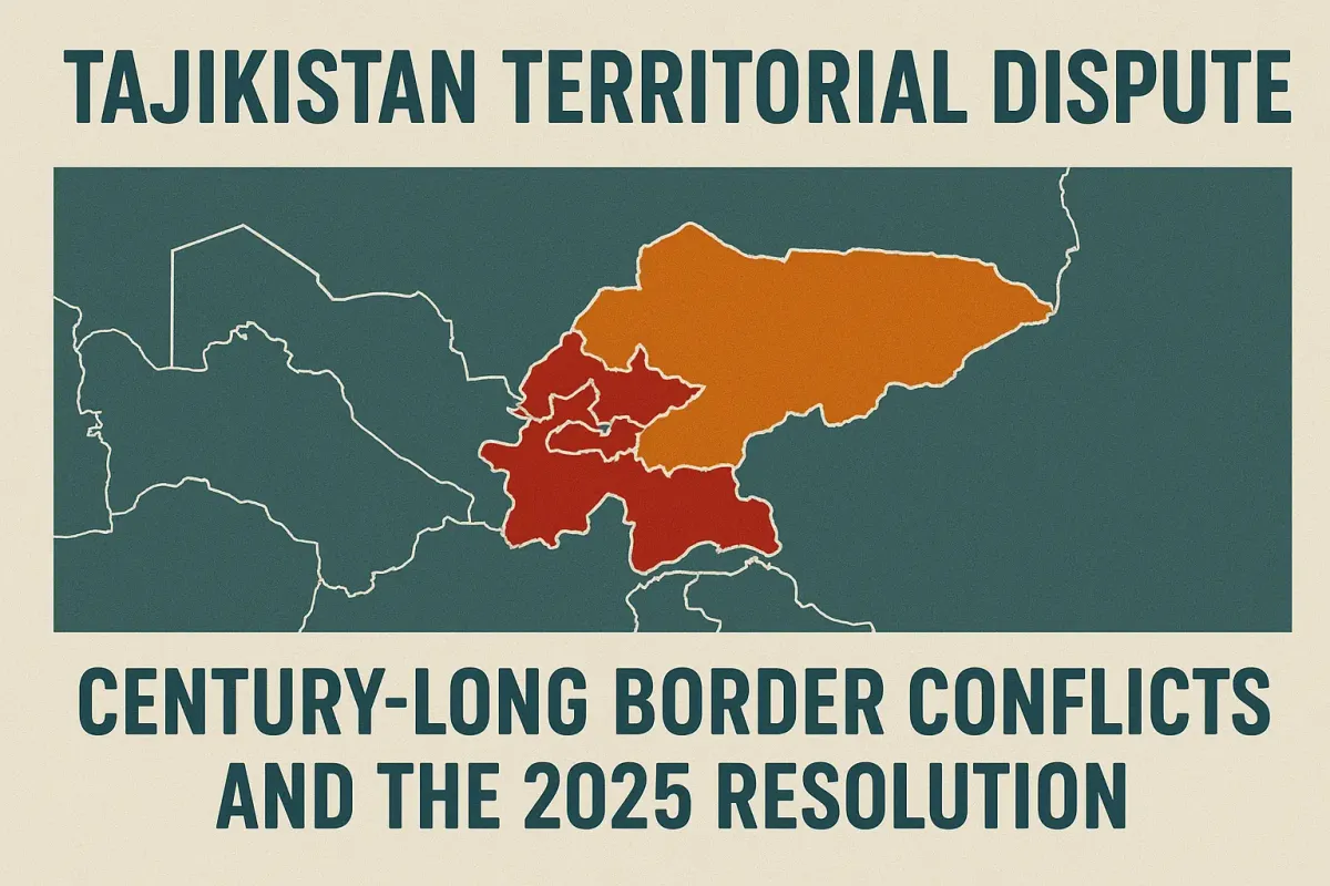 Map showing Tajikistan–Kyrgyzstan border with headline “Tajikistan Territorial Dispute — 2025 Resolution” symbolizing peace after century-old conflict.