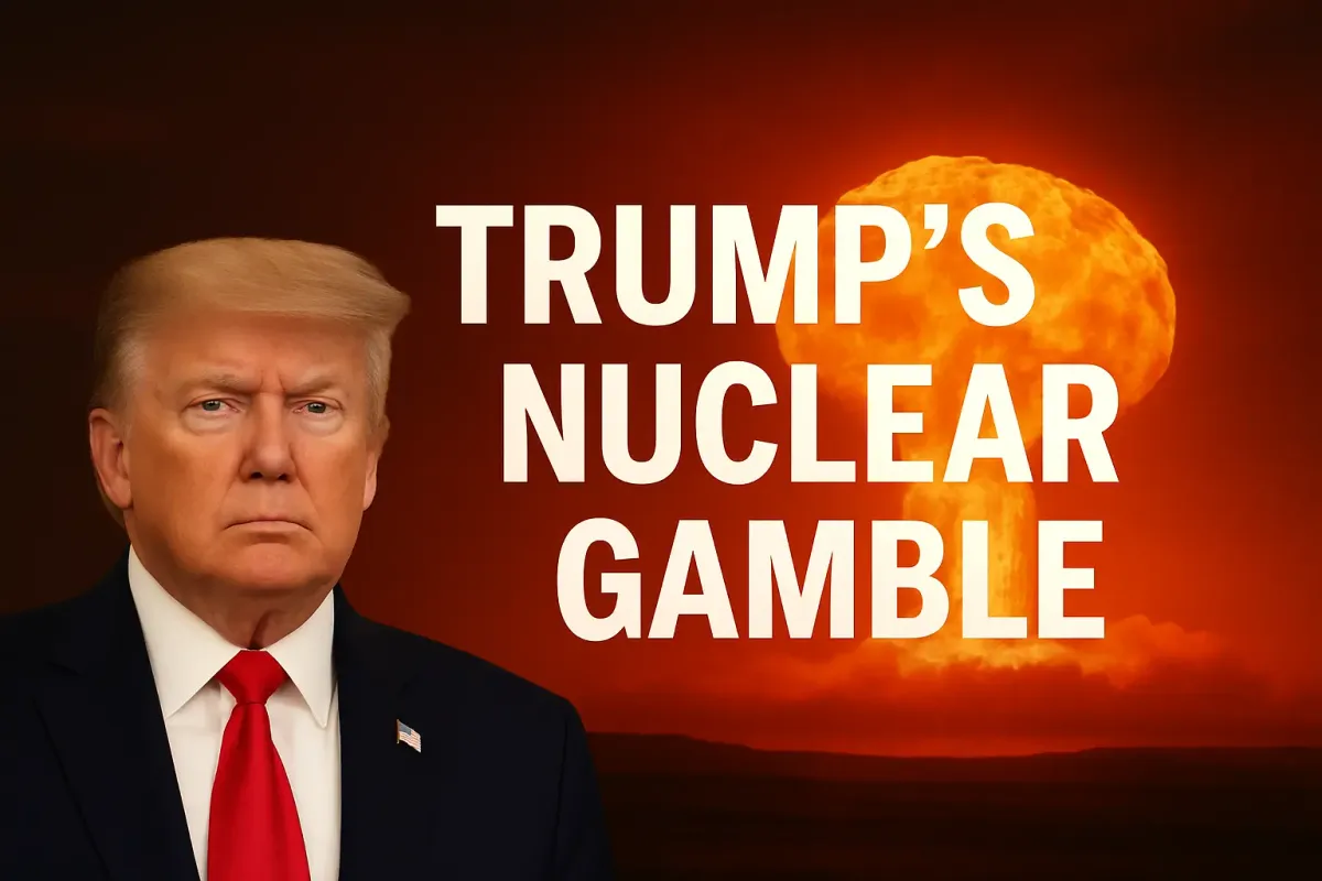 A digital composite image showing U.S. President Donald Trump against a backdrop of a massive nuclear explosion, with the headline “Trump’s Nuclear Gamble” displayed in bold text.