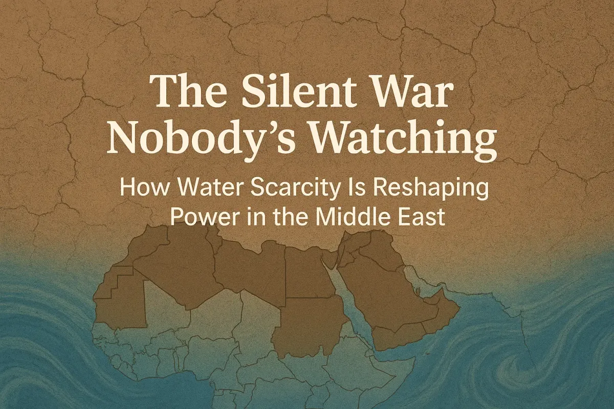 Landscape illustration showing cracked desert terrain, faint river outlines, and Middle Eastern silhouettes symbolizing the impact of water scarcity on regional power dynamics.