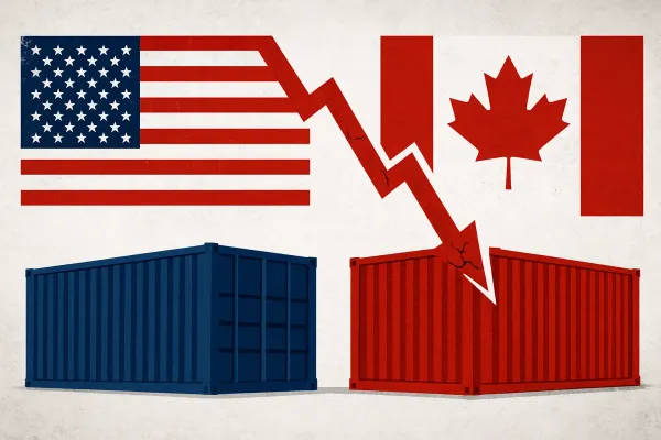 Illustration showing the strained trade relationship between the U.S. and Canada, represented by their flags, two shipping containers, and a cracked red arrow symbolizing economic decline.