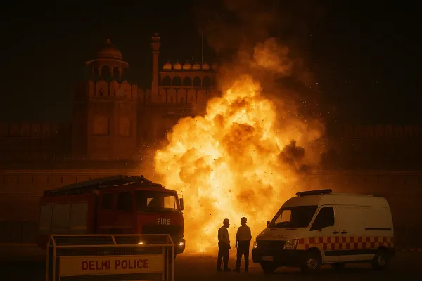 Explosion near Delhi Red Fort at night with fire trucks, ambulances, and police securing the area after the blast, November 2025.