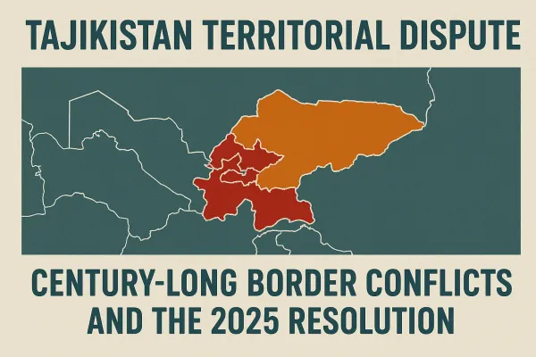 Map showing Tajikistan–Kyrgyzstan border with headline “Tajikistan Territorial Dispute — 2025 Resolution” symbolizing peace after century-old conflict.